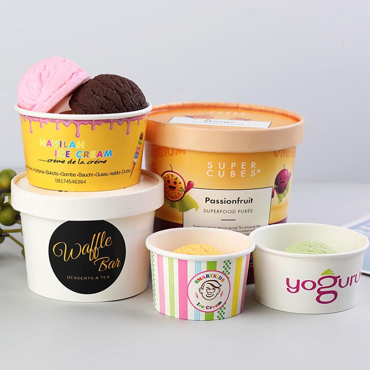 Custom Logo Wholesale Disposable Yogurt Ice Cream Paper Cups with Spoon